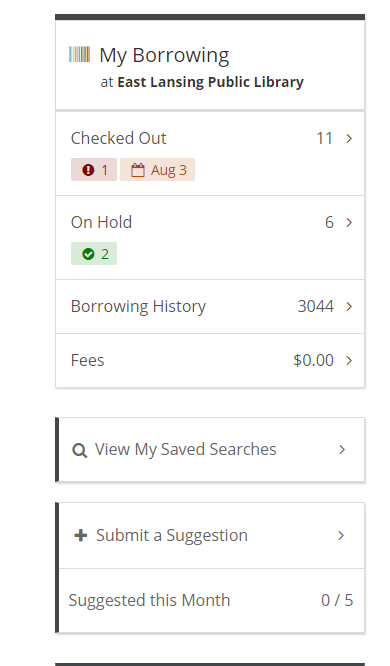 Screenshot of the Submit a Suggestion form, located in every patron online record