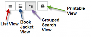 Four buttons at the top of search results that allow users to choose between four different catalog views. List View, Book Jacket View, Grouped Search View and Printable View