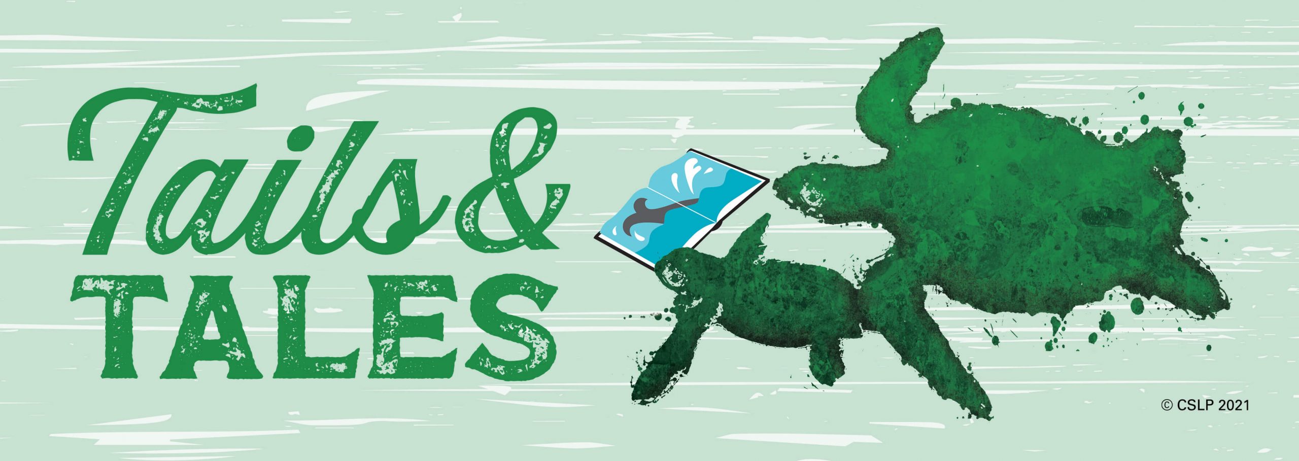 2021-CSLP Web Banners_Adult_2 A parent turtle reading to a child turtle, summer reading art including text that reads Tails & Tales