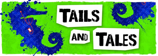 Teen Slogan Banner A seahorse listening to an audiobook with the summer reading program name in text, Tails and Tales
