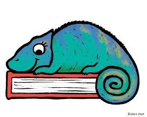 chameleon A chameleon is sitting on a book, summer reading art