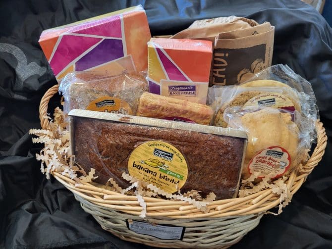 Photo of bidding item: a basket containing baked goods from Zingerman's Bakehouse.