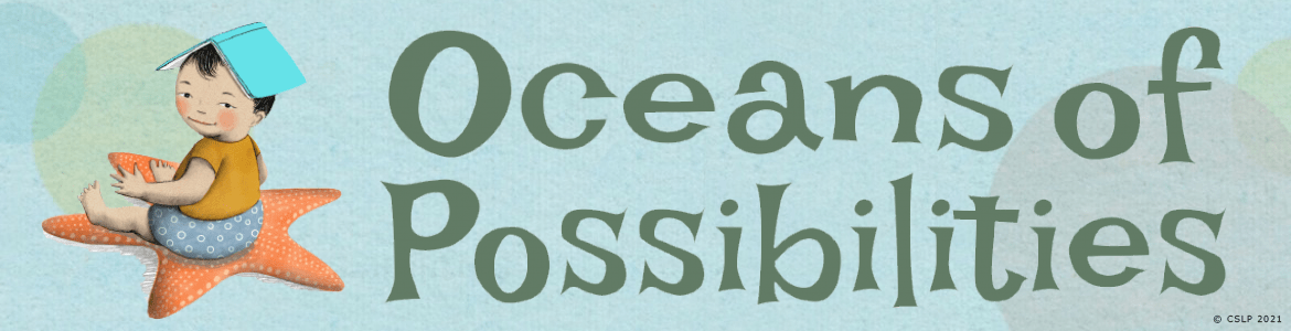 Decorative picture of a child with a book on their head. Text reads "Oceans of Possibilities"