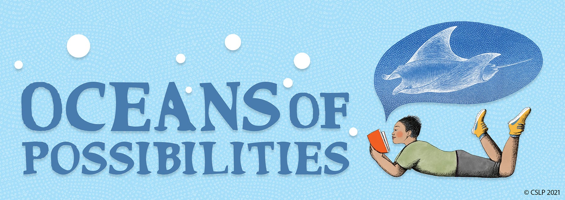 cslp-web-banners_adultHEADER Decorative banner of person reading a book and thinking about sharks. Text reads "Oceans of Possibilities"